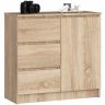 Kumode K80 JERRY, 1 durvis un 3 atvilktnes, Ozola, 80 × 77 × 35 cm