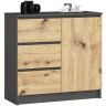 Kumode K80 JERRY CLP, 1 durvis un 3 atvilktnes, pelēka/ozola, 80 × 77 × 35 cm