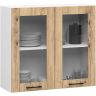 Piekaramais virtuves skapītis-vitrīna OLIWIA W80, 2 durvis, balta/ozolkoka, 80 × 72 × 30,5 cm