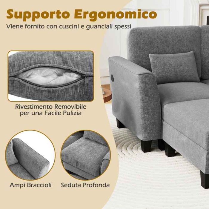 Modulinė U formos sofa su USB ir C tipo įkrovimo prievadais, 280 cm, pilka, su dviem pufais