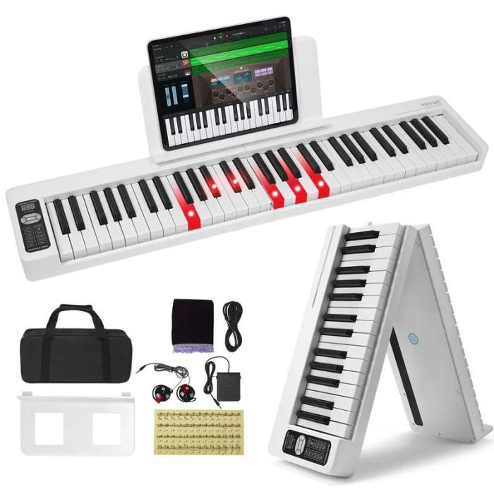 Электронное цифровое пианино со складными клавишами, 61 клавиша, белое, Bluetooth, MIDI.