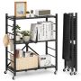 Salokāms metāla 3 līmeņu plaukts ar riteņiem un āķiem, melns, 28x13x36 collas