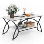 Two-tier coffee table, marble patterned top, metal frame, black and white
