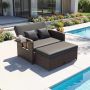 Outdoor furniture set, two-seater sofa and pouf, 166/122 × 70–111 × 55–88 cm