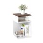 S-shaped side table with 2 open compartments, 31 cm x 31 cm, walnut color