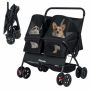 Foldable double pet stroller with adjustable canopy and storage bag, black