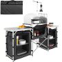 Folding camping kitchen table, aluminum, black, 3 cabinets