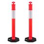 2 red traffic barrier posts, 1140 mm, with weight and reflective strips