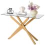 Modern rectangular glass coffee table with gold geometric legs