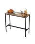 Bar table with metal frame, brown and black, 39x16x35.5 inches.