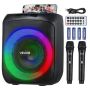 Pārnēsājama 30 W karaoke iekārta ar 6,5 collu Bluetooth skaļruni un 2 bezvadu mikrofoniem