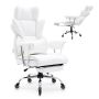 Reclining white office chair with footrest, PU leather, lumbar support, metal base