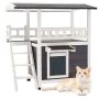 Wooden two-story outdoor cat house with stairs, 76x56x77 cm