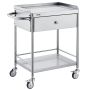 Medical 2-layer stainless steel trolley with drawer, 360° casters, 99.8 kg load capacity