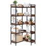 5-tier corner bookshelf with hooks, metal frame, wooden shelves