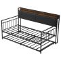 Double bed metal frame with pull-out section and charging station