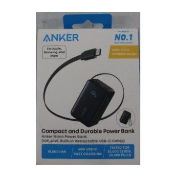 Pārnēsājamā baterija Anker A1638H11, ar izvelkamu USB-C kabeli