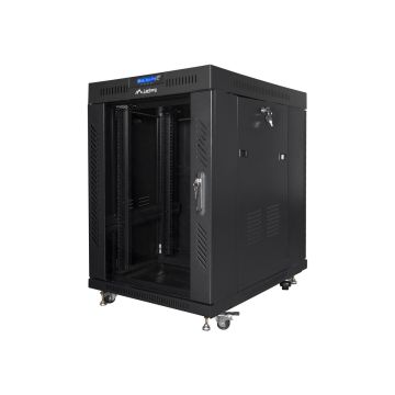 19 collu brīvi stāvošs rack skapis Lanberg FF01-6815-12BL, 15U, ar stikla durvīm un LCD, Melna