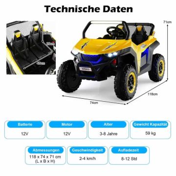 Bērnu elektriskais automobilis 118x74x71cm, dzeltens/melns