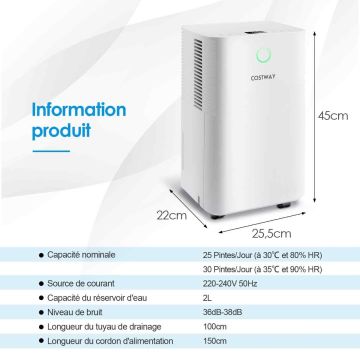 Gaisa dehumidifiers 25,5x22x45cm, baltā krāsā