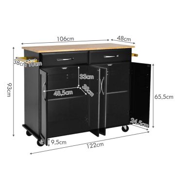 Virtuves sala ar riteņiem 122x48x93cm, melnas/gaiši brūnas krāsas