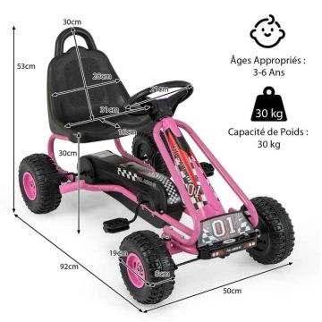Bērnu pedāļu kartings 92x50x53cm, melnas/rozā krāsas