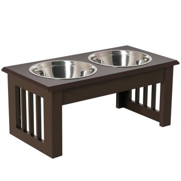 Bļodiņas ar statīvu PawHut 44x24x15cm, tumši brūnas/sudraba krāsas