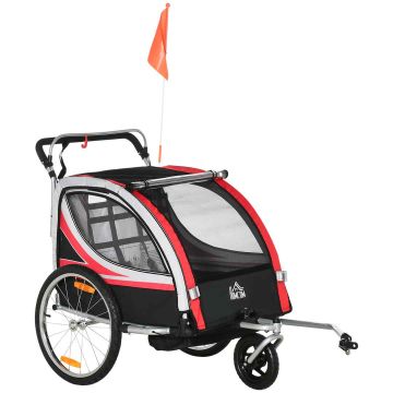 Bērnu velosipēda piekabe Homcom 142x75x101cm, melnas/sarkanas krāsas