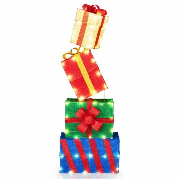 Set of 4 illuminated Christmas gift boxes, warm white LED lights, with ribbons
