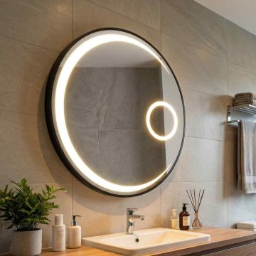 Round LED bathroom mirror, 3x magnification, Black, Ø 61 × 3.5 cm