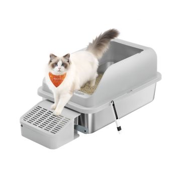 Feandrea Open Cat Litter Box, High Sides, Grey, 62 × 42 × 30 cm