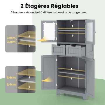 Tall bathroom cabinet, 4 doors, 2 drawers, Grey, 60 × 128 × 30 cm