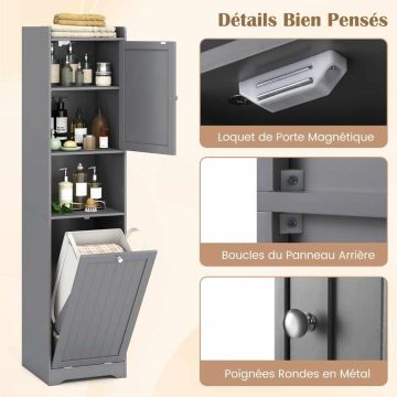 Tall bathroom cabinet, with 48 l laundry basket, Grey, 40 × 40 × 170 cm