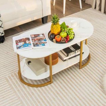 White faux marble coffee table with two-tier shelf