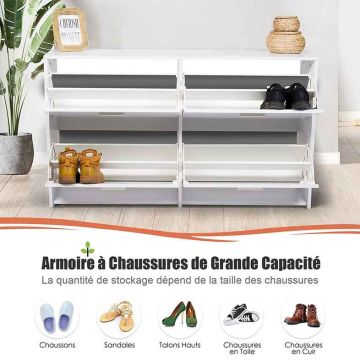 Shoe cabinet, 4 compartments, 2 levels, White, 134 × 29 × 77.5 cm