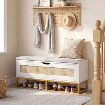 Shoe bench, with storage compartment, White/gold, 100 × 44 × 35 cm