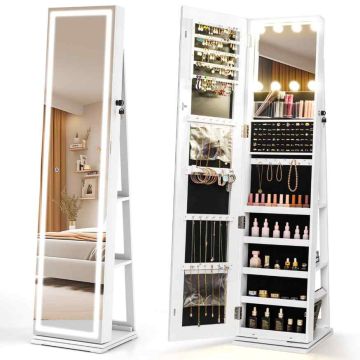 Rotating jewelry cabinet with mirror, 80 earring and 78 ring compartments, White, 43 × 38 × 160 cm