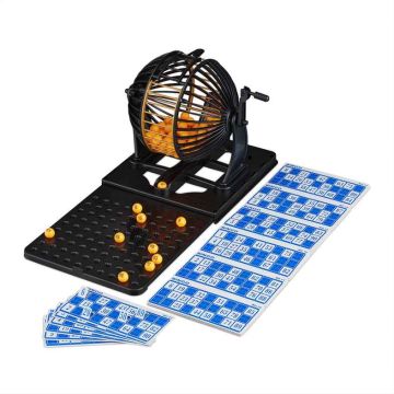 Bingo spēle Relaxdays 10043342.0, 90 bumbiņas, 72 kartītes, Melna/Zelta, 20 × 21 × 38 cm