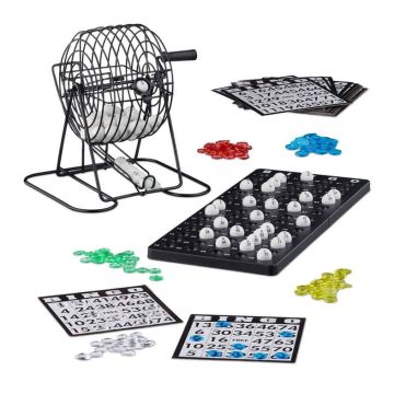 Bingo spēle Relaxdays, 75 bumbiņas, 18 biļetes, 21,5 × 20 × 17,5 cm