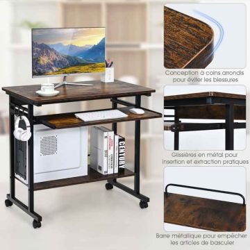 Office desk, with casters, shelf and keyboard tray, brown, 80.01 × 50.8 × 74.93 cm