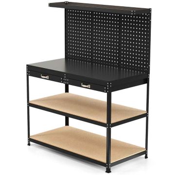 Workbench with perforated wall, 121 x 61 cm, 230 kg capacity, black