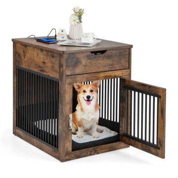 Multifunctional Dog Cage with Drawer and Wired Wireless Charging Station, Brown