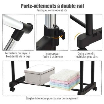Clothes rack, 2 rails, Black/Silver, 91.44 × 58.42 × 106.68–177.8 cm