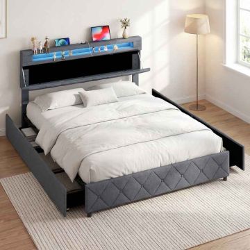 Double bed, 4 drawers, Grey, 207.5 × 101–114.5 × 165 cm