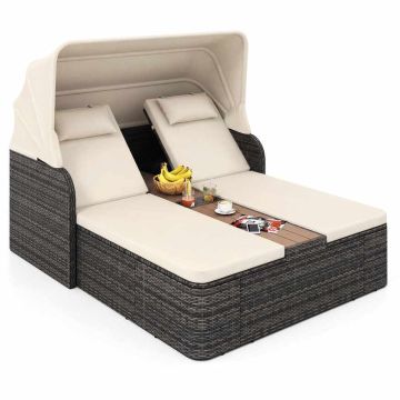 Double outdoor chaise longue, 2 backrests, 5 positions, Sand/grey, 203 × 159 × 141 cm