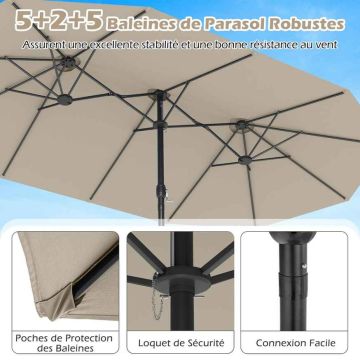 Double-sided patio umbrella, with weighted base, Sand, 470 × 261 × 285 cm