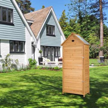 Spruce wood outdoor tool shed with 5 shelves, galvanized roof