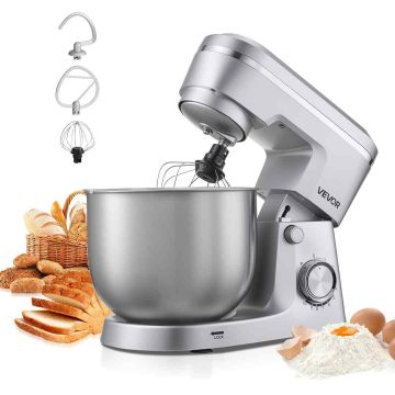 Электрический миксер VEVOR SM-2541H, 5,7 л, 10 скоростей, Серебристый, 37,5 × 29,2 × 24,1 см