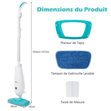 Steam mop with 250 ml water tank, adjustable height 103–127 cm