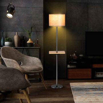 Grīdas lampa ar koka plauktu, 2 USB porti